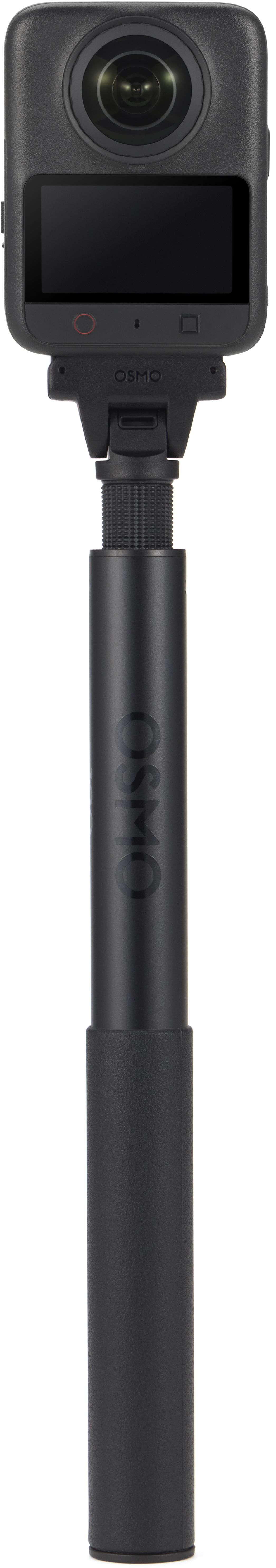 Eine schwarze Osmo Action-Kamera mit Weitwinkelobjektiv, Touchscreen und ausgefahrenem Selfie-Stick vor weißem Hintergrund.
