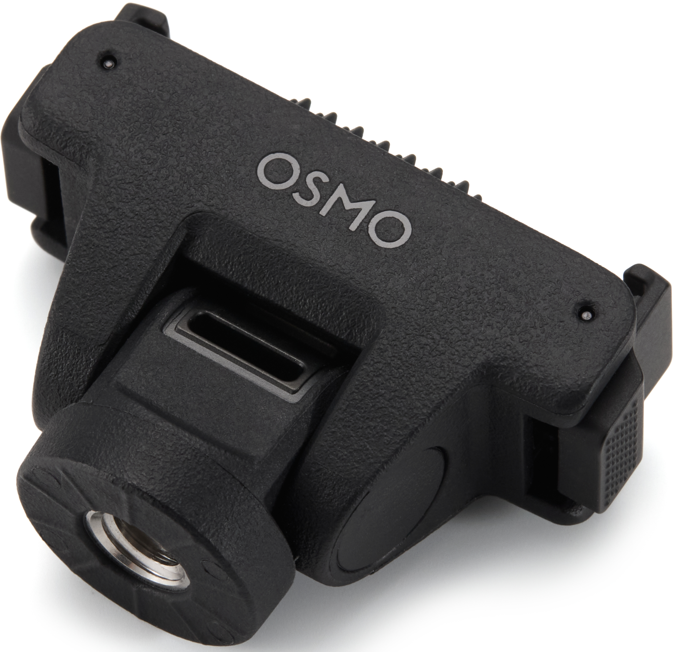 Un adaptateur universel Osmo noir avec base filetée intégrée sur fond blanc.