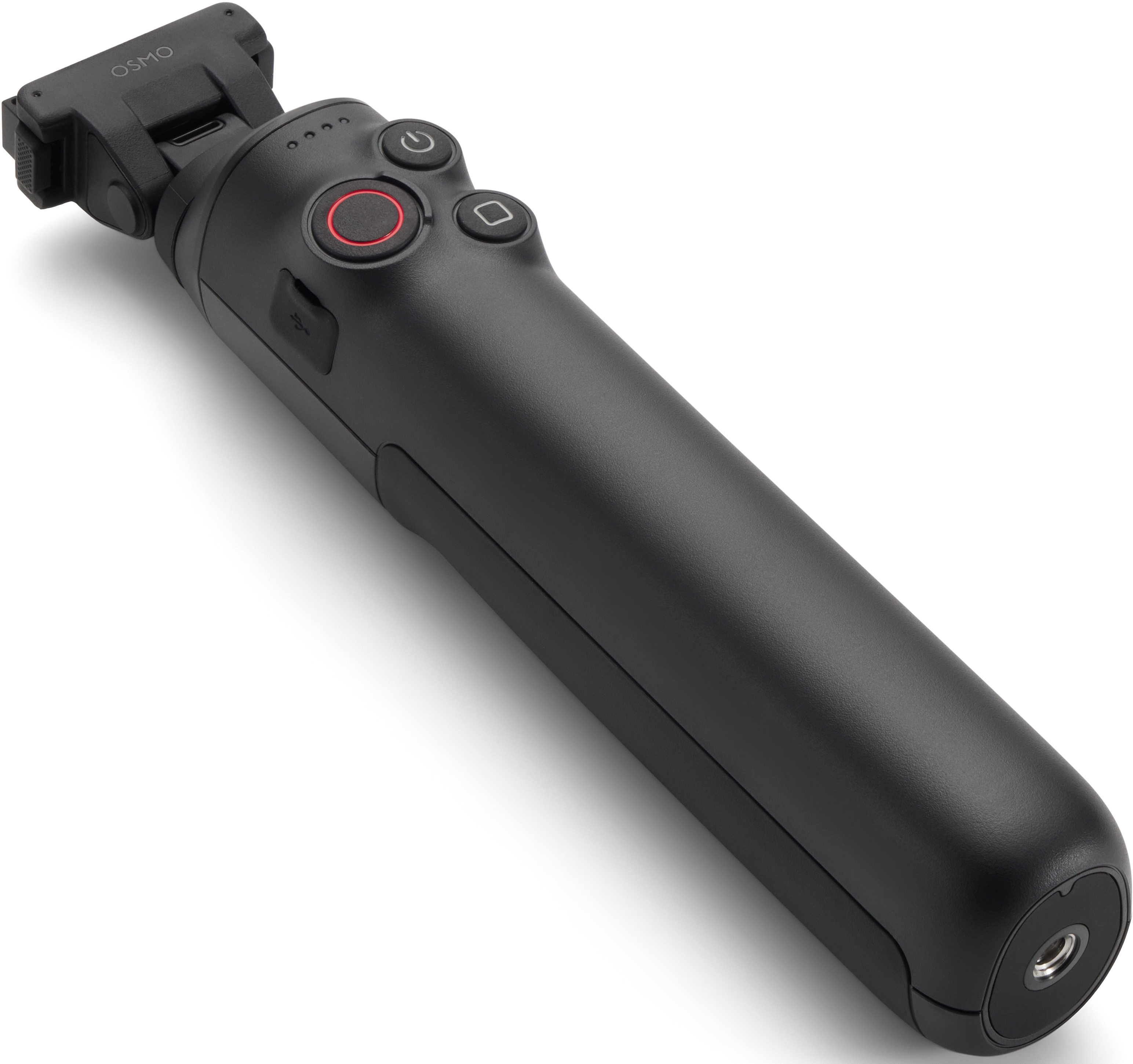 Une poignée Osmo noire avec des boutons et un port USB sur fond blanc.