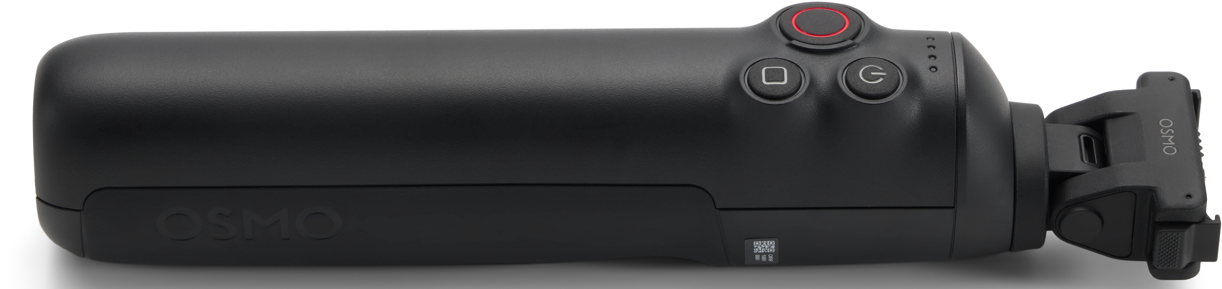 Une poignée Osmo noire avec trois boutons et un support de caméra sur fond blanc.