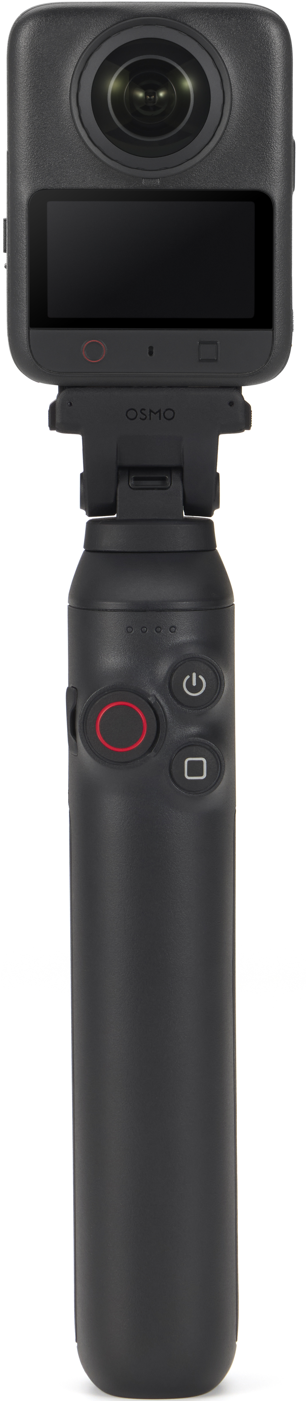 Une caméra d'action Osmo noire fixée à une perche à selfie avec des boutons de contrôle sur fond blanc.