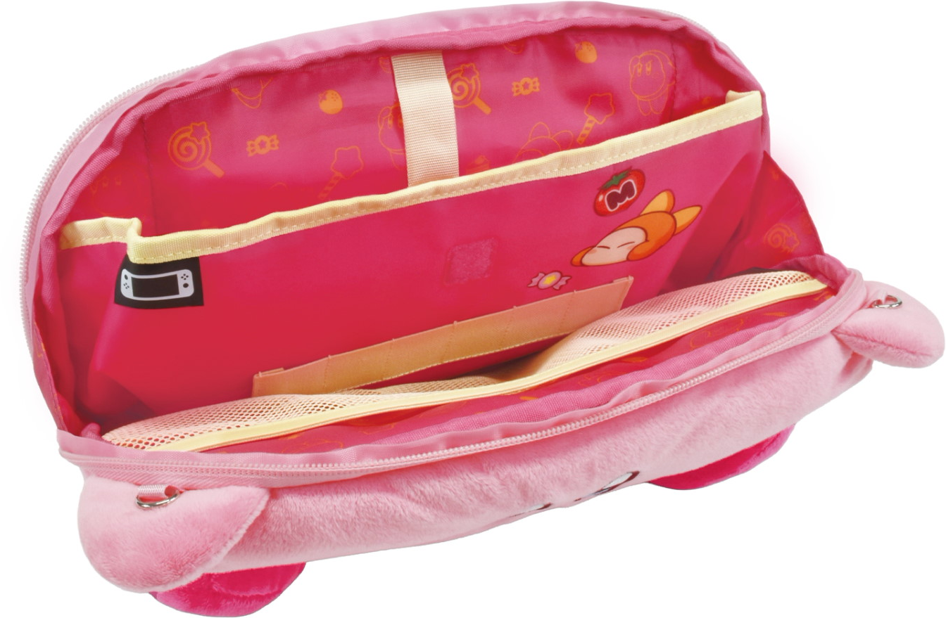 Un étui de console de jeux rose ouvert avec des poches intérieures imprimées, une pochette en filet et un graphique.