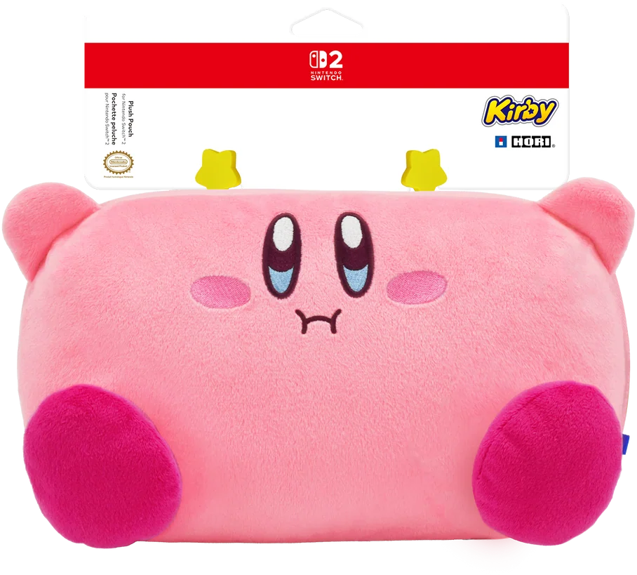 Pochette en peluche rose Kirby dans son emballage avec des yeux bleus, des pieds rouges et deux petites étoiles jaunes.