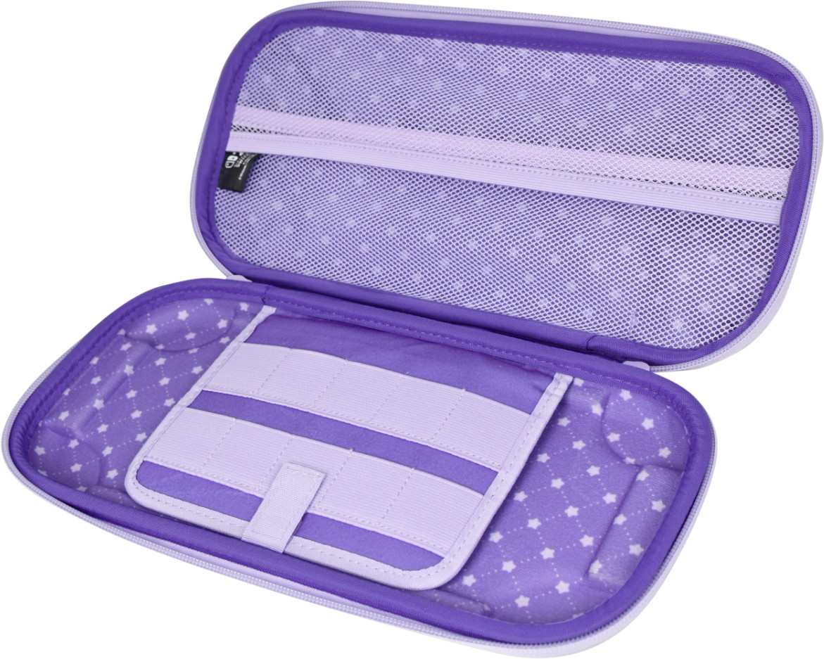 Étui de protection violet ouvert avec poche en filet et emplacements pour jeux.