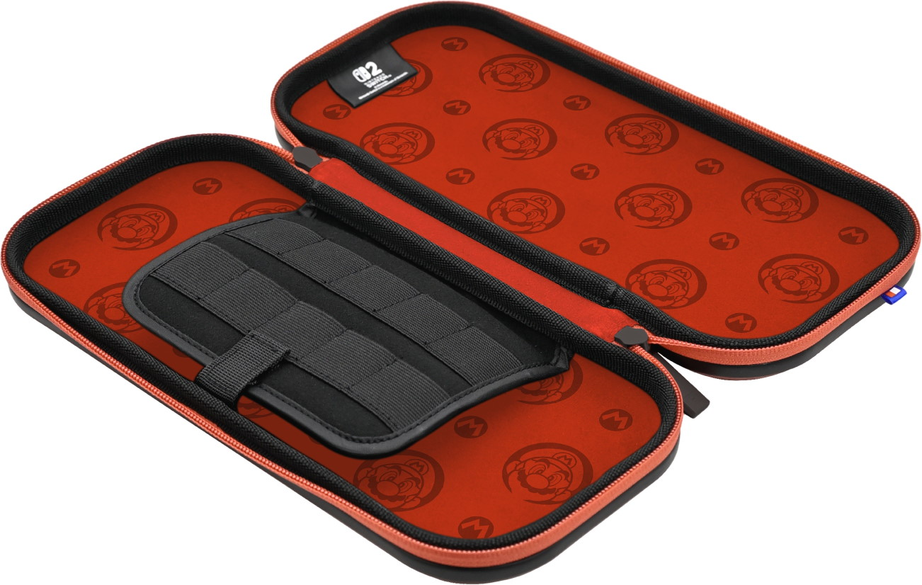 Étui rouge ouvert pour Nintendo Switch avec motif Mario et porte-jeu noir.