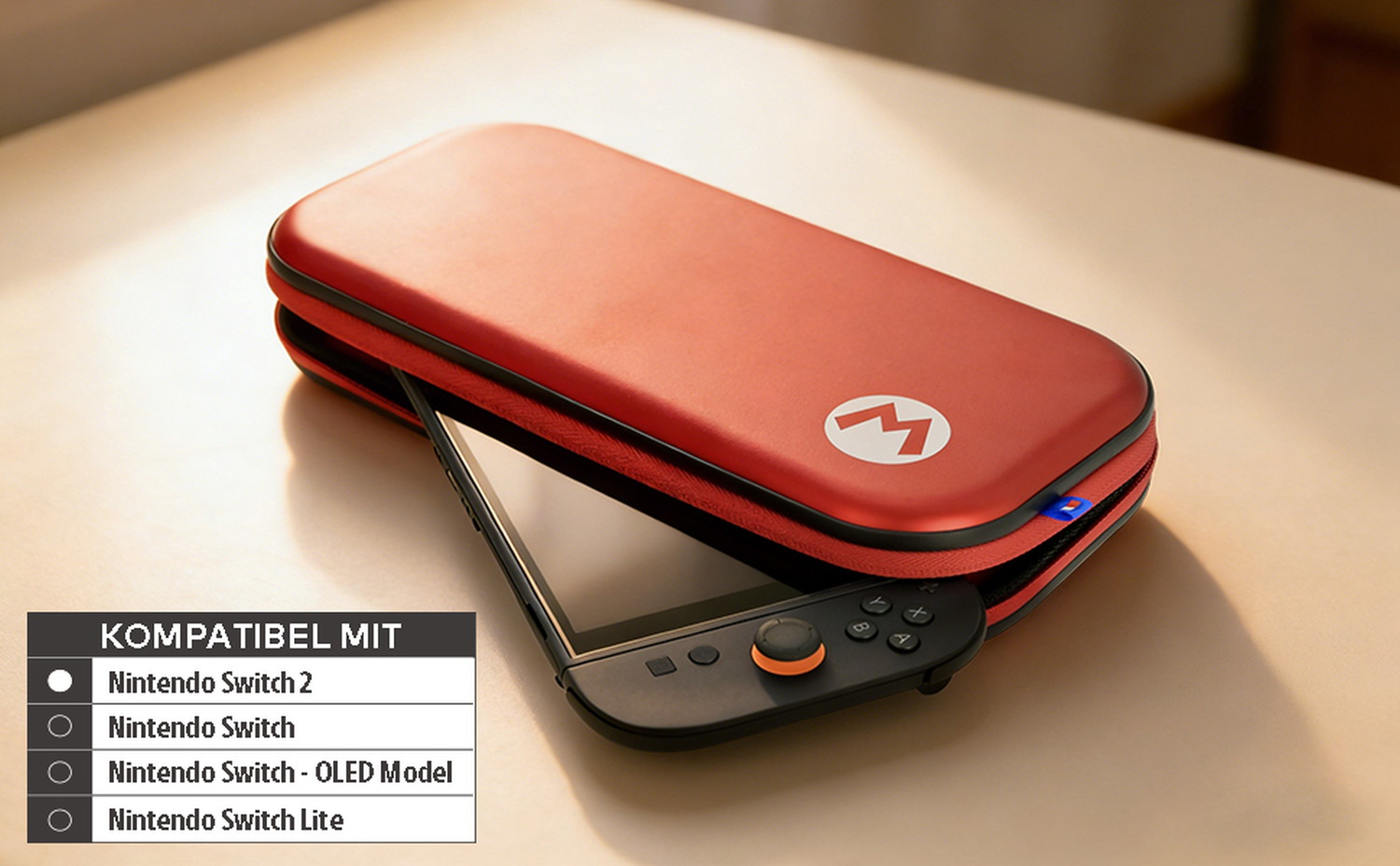 Un étui de protection rouge Mario et une console Nintendo Switch reposent sur une table avec une liste de compatibilité.