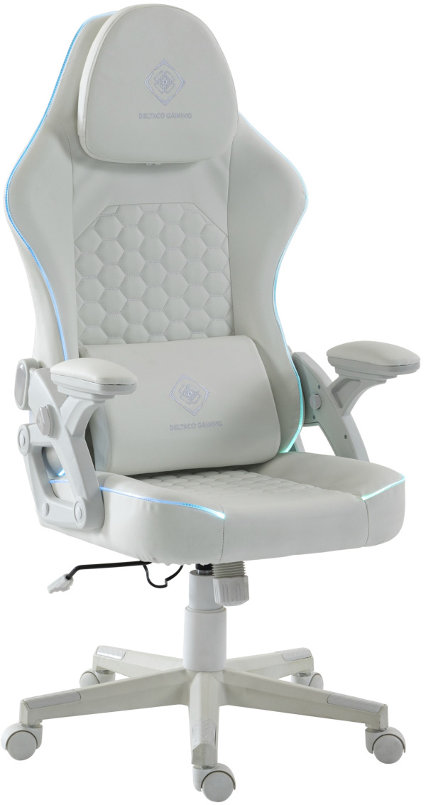 Una sedia da gaming bianca con cuscini per testa e lombari e illuminazione LED blu.