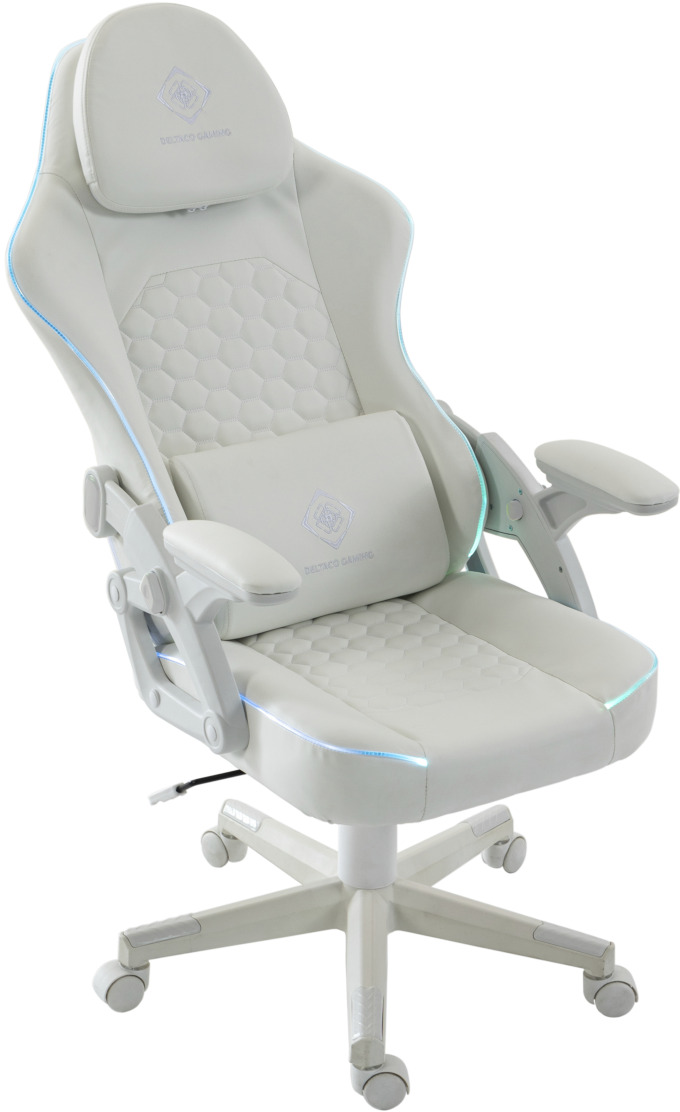 Una sedia da gaming bianca con poggiatesta, cuscino lombare, braccioli imbottiti e illuminazione LED blu.