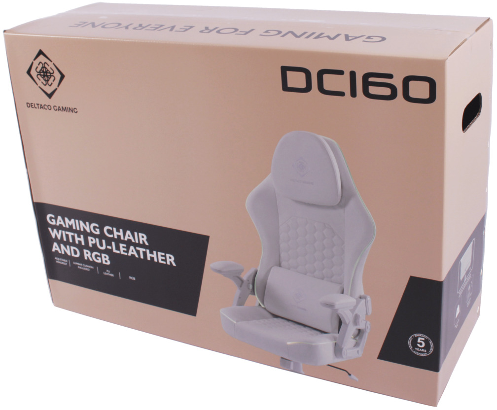 Scatola di cartone per sedia da gioco Deltaco DCI160 bianca in pelle PU e RGB.