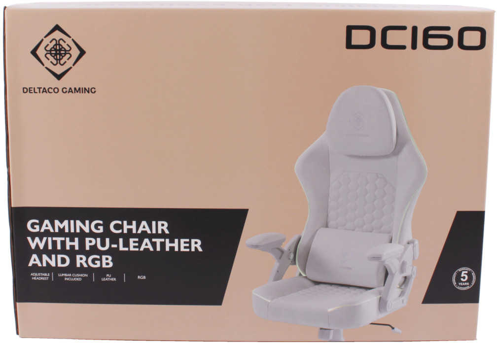 Scatola in cartone per sedia da gioco Deltaco Gaming DCI60, con foto e caratteristiche.