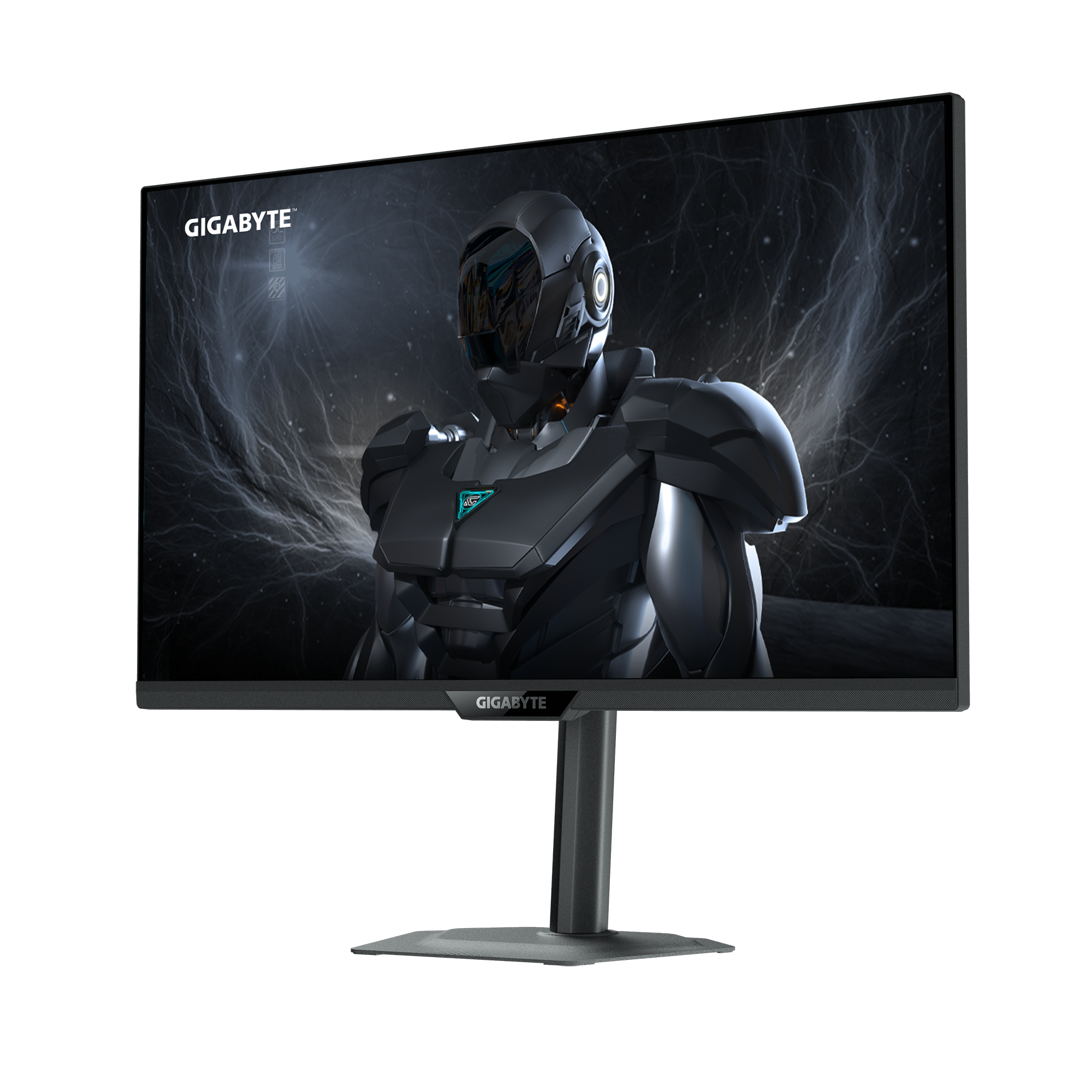 Ein schwarzer Gigabyte-Monitor zeigt einen Sci-Fi-Krieger in Rüstung vor einem dunklen, nebligen Hintergrund.