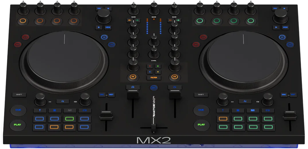 Une table de mixage DJ noire MX2 avec deux molettes, de nombreux boutons et commandes, sur fond noir.