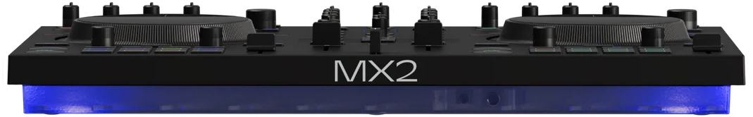 Vue de face du contrôleur DJ MX2 noir avec une base bleue éclairée sur fond noir.