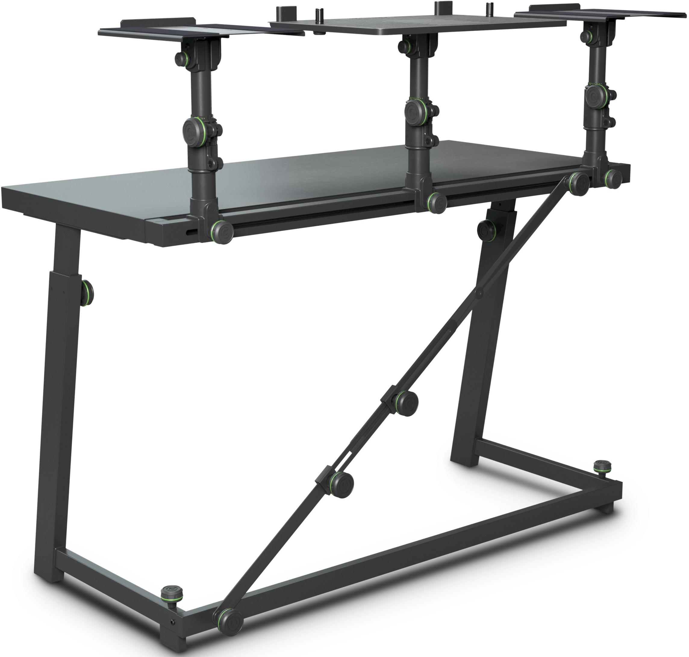 Un bureau de studio noir et réglable avec une étagère supérieure pour instruments ou équipement.