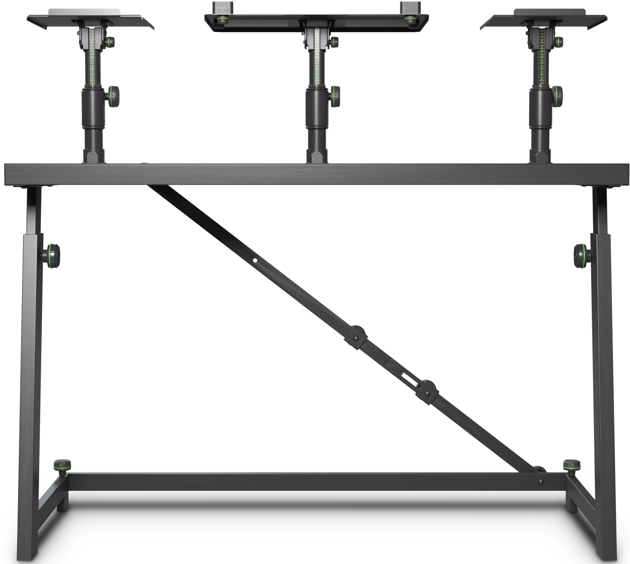 Bureau de studio noir avec trois supports d'équipement réglables.