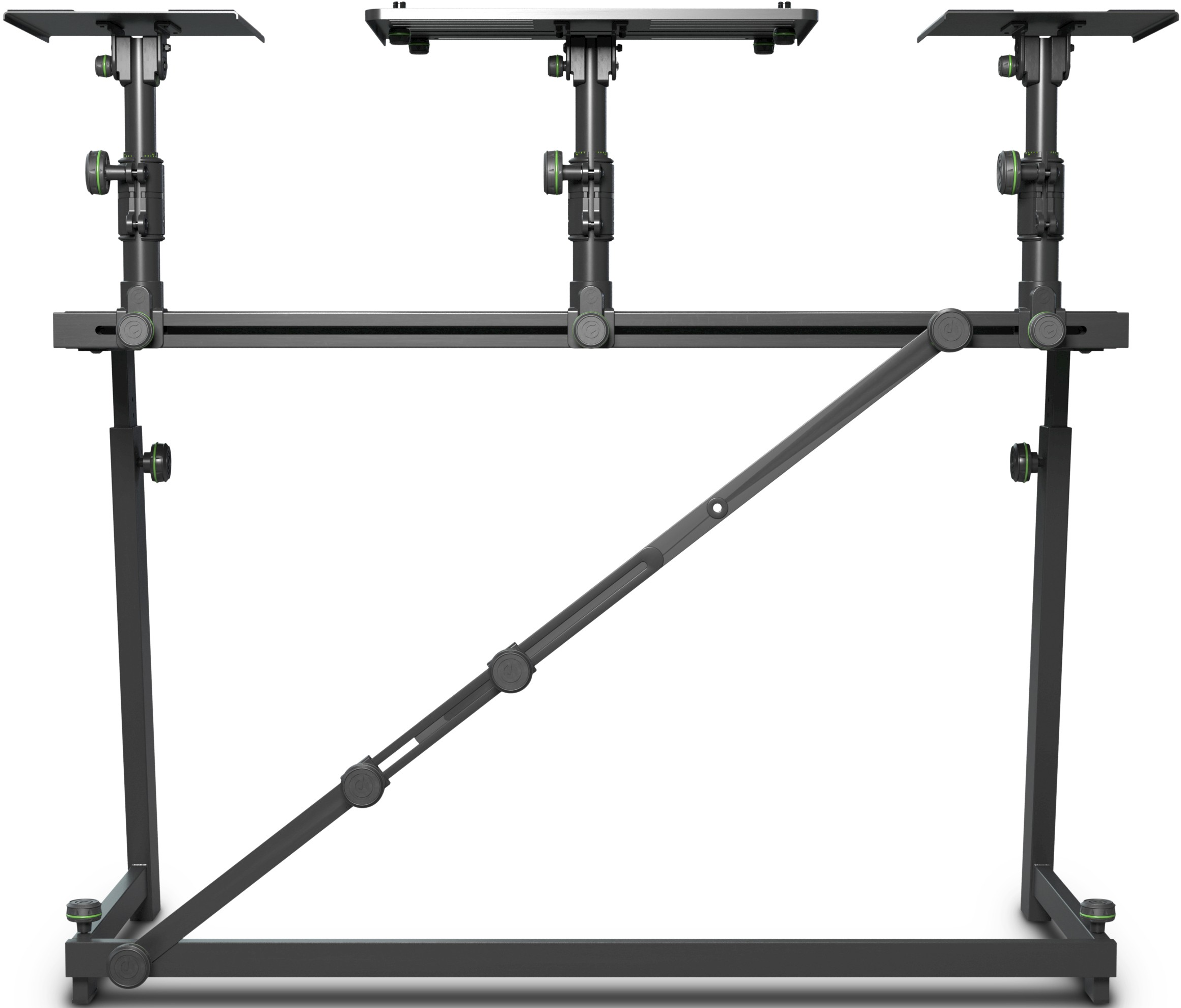 Un support en métal noir réglable avec trois plateformes supérieures et des renforts diagonaux sur fond blanc.