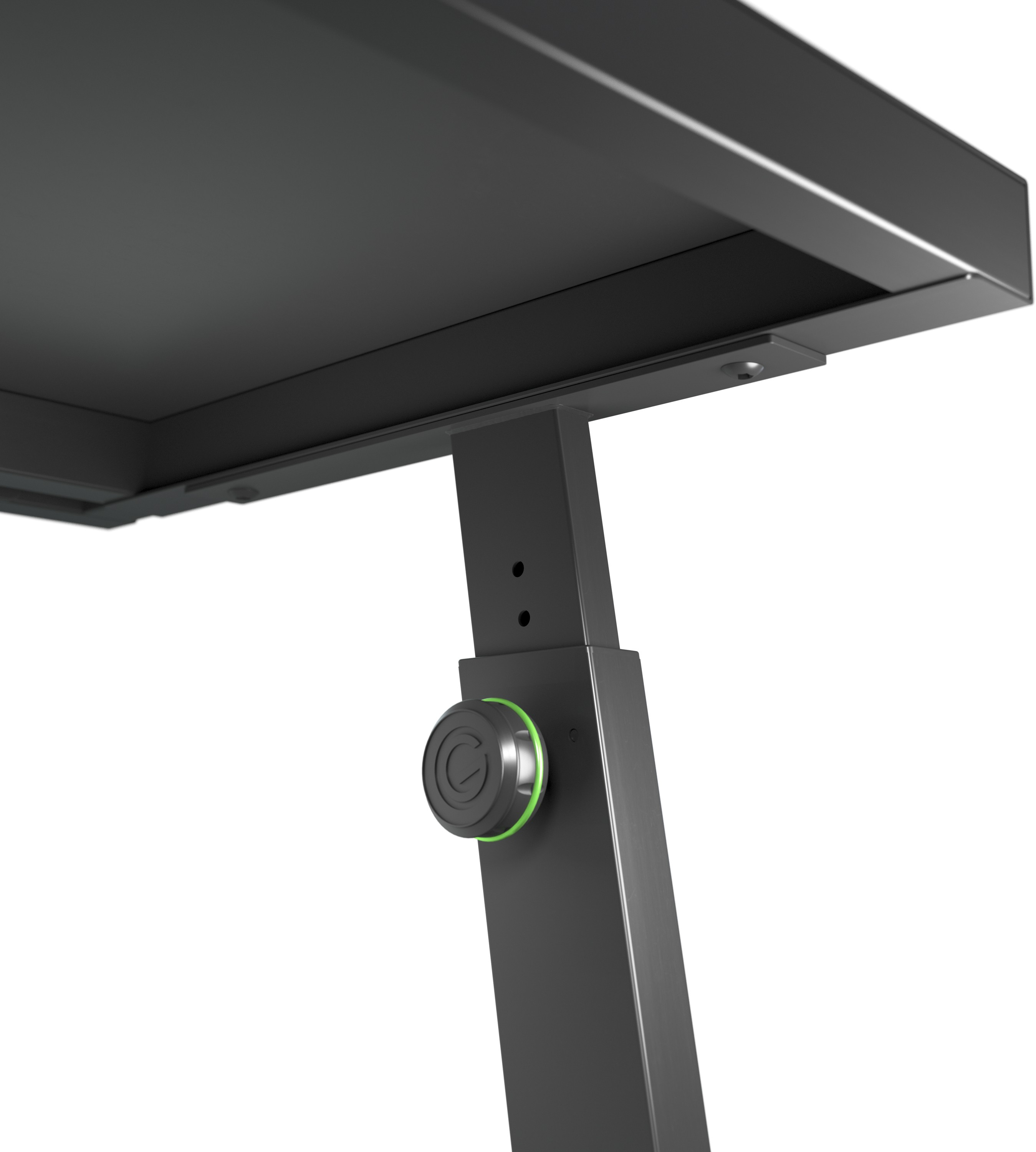 Gros plan sur un pied de table noir réglable avec un anneau vert sur le bouton de réglage et le plateau.