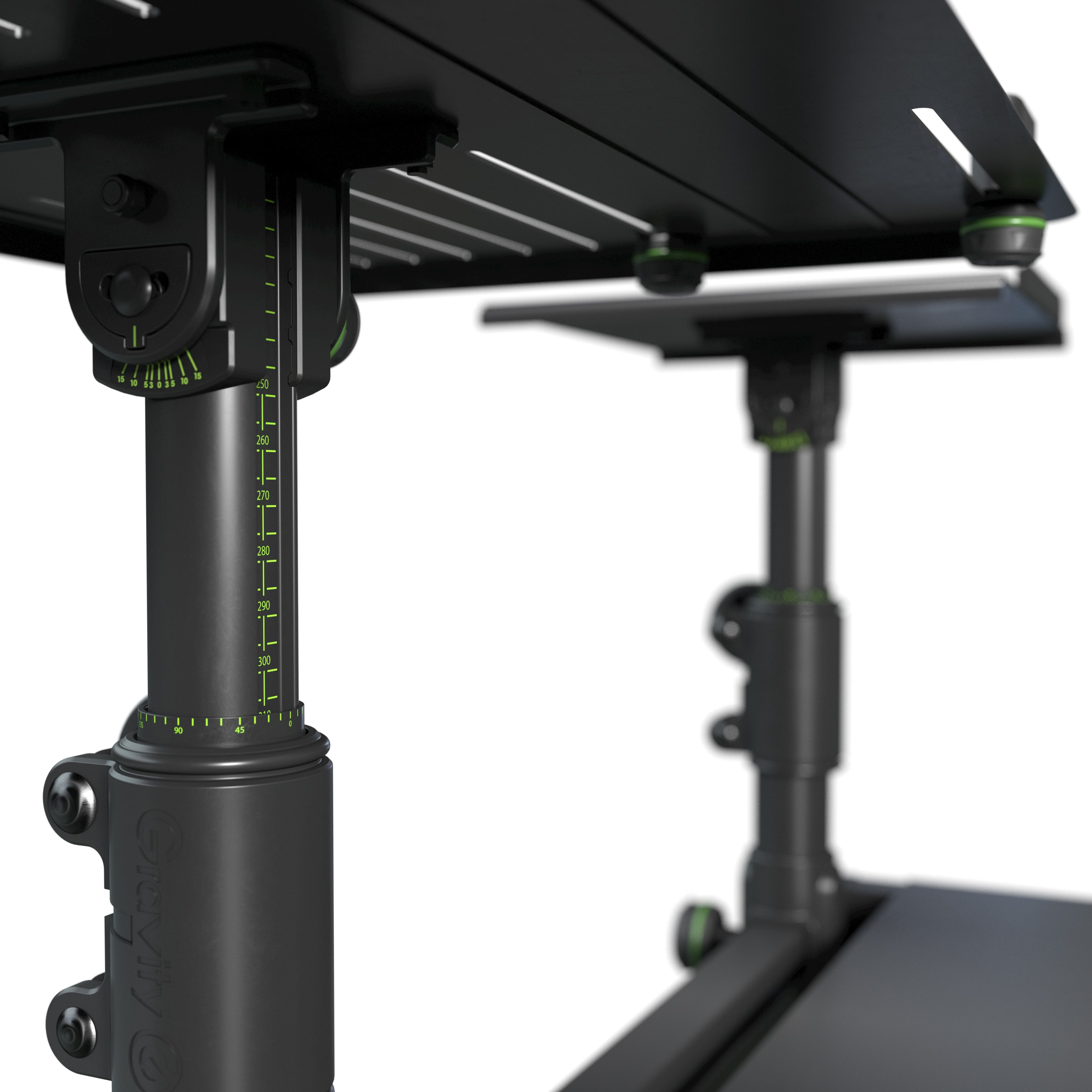 Gros plan sur un support d'ordinateur portable noir réglable en hauteur avec des repères verts.