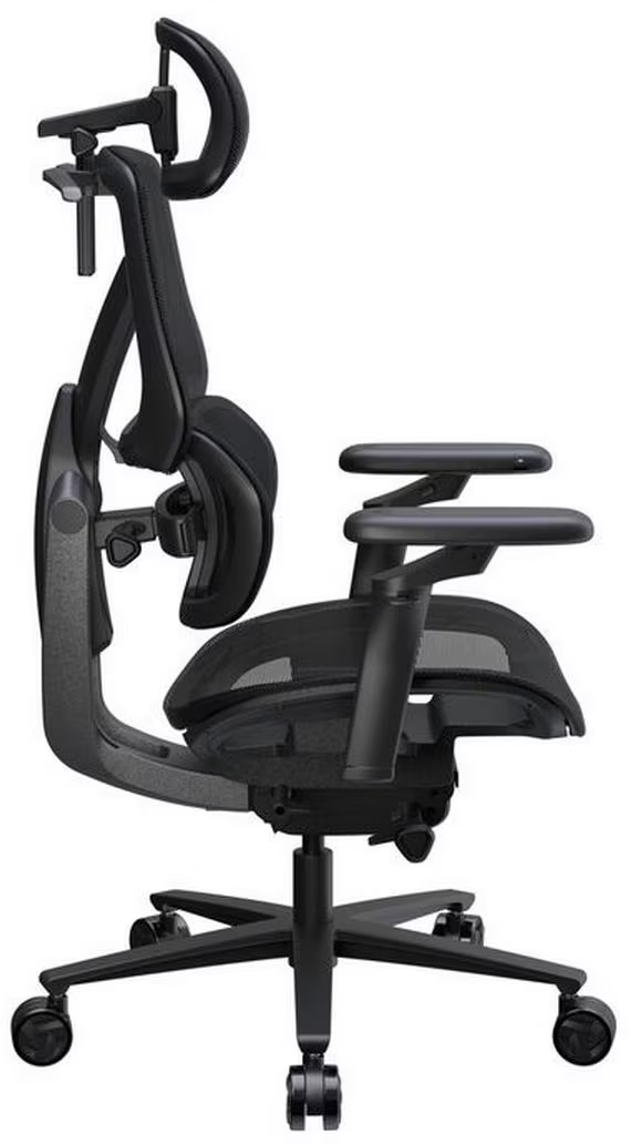 Una sedia da ufficio ergonomica nera con schienale in rete e rotelle.