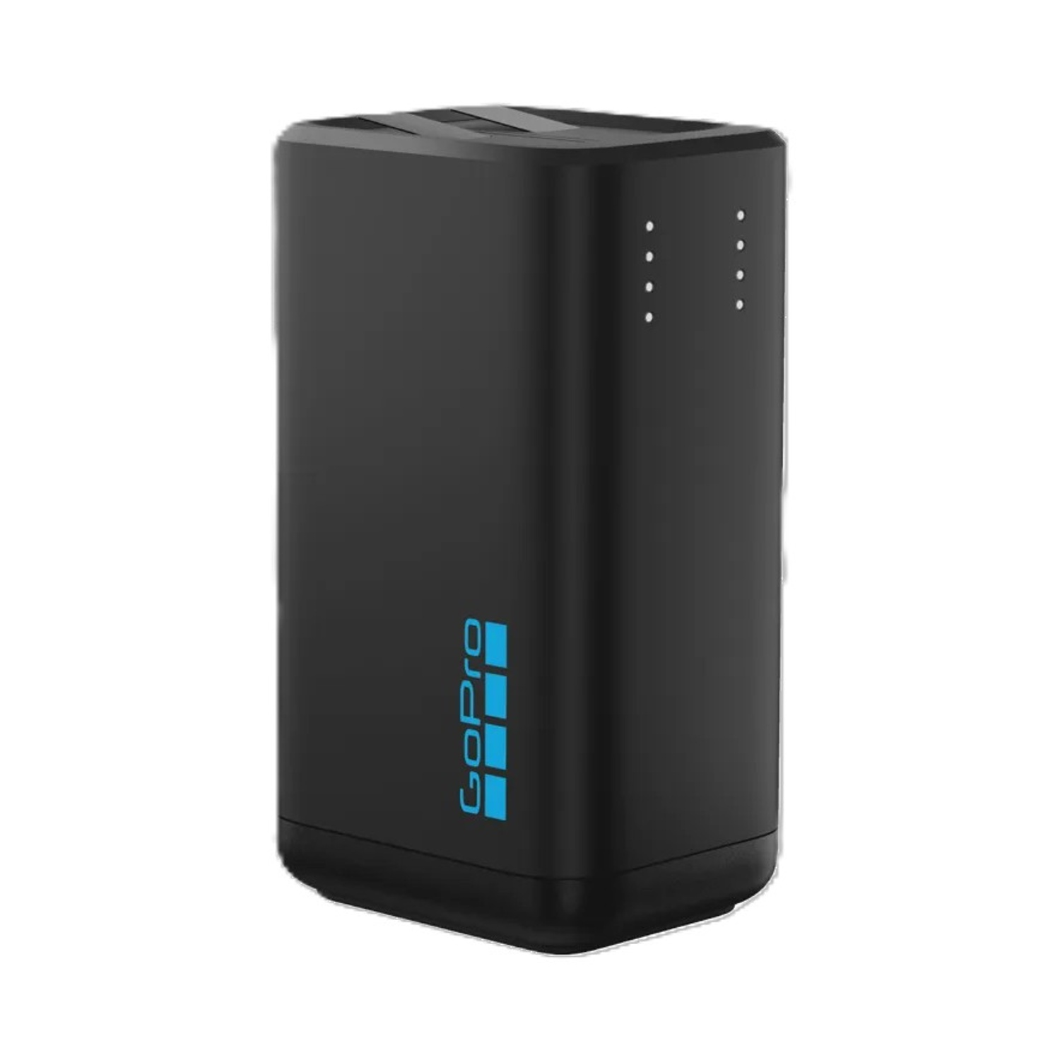 Caricabatterie GoPro nero con logo blu e indicatori LED verticali sulla parte anteriore.