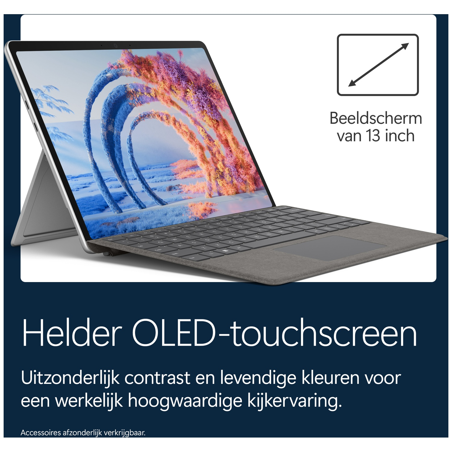 13-inch tablet with keyboard and vibrant display, lower text on blue.
