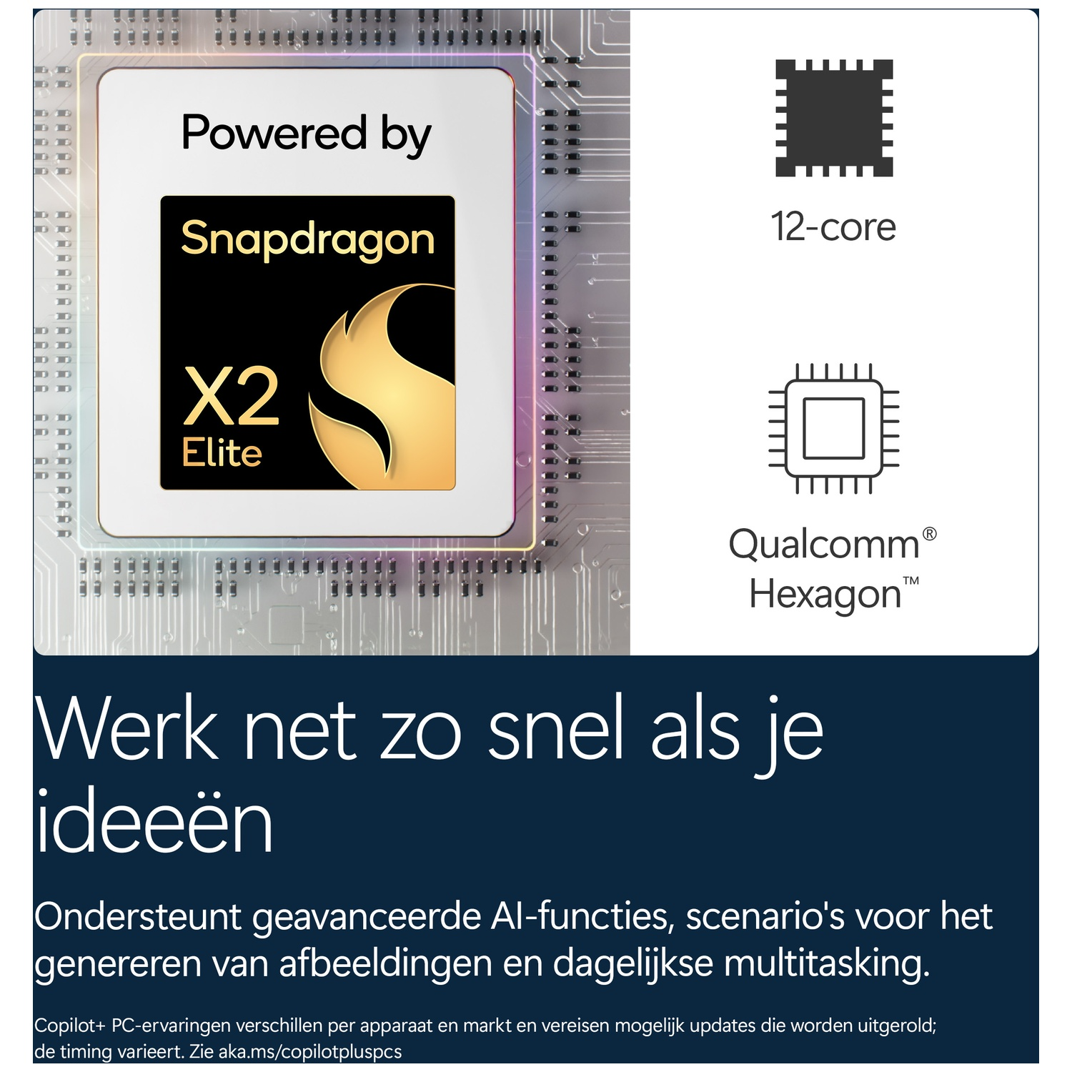 An advertisement for Snapdragon X2 Elite processor highlighting 12-core and Qualcomm Hexagon with Dutch text.