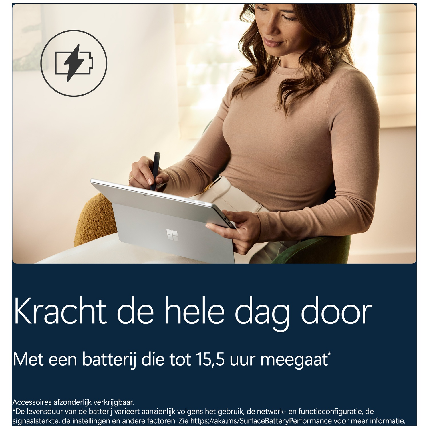 A woman using a Microsoft Surface device with a stylus, featuring a battery icon and Dutch marketing text.