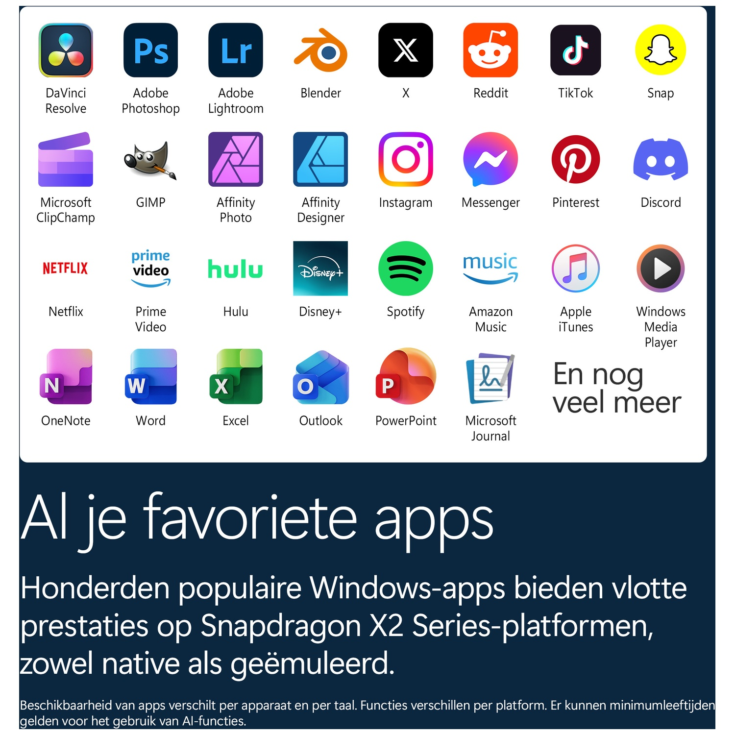 An array of app icons including social, media, and productivity tools, with Dutch text below about Windows apps.