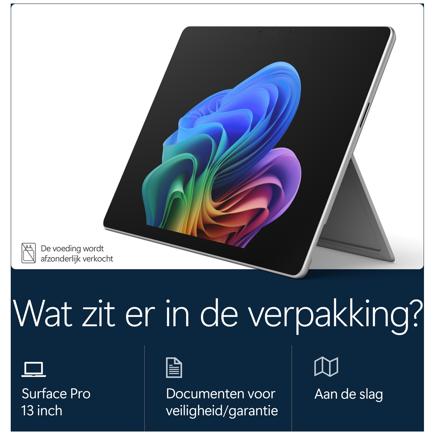 Microsoft Surface Pro 13-inch tablet with colorful wave screen display and Dutch text.