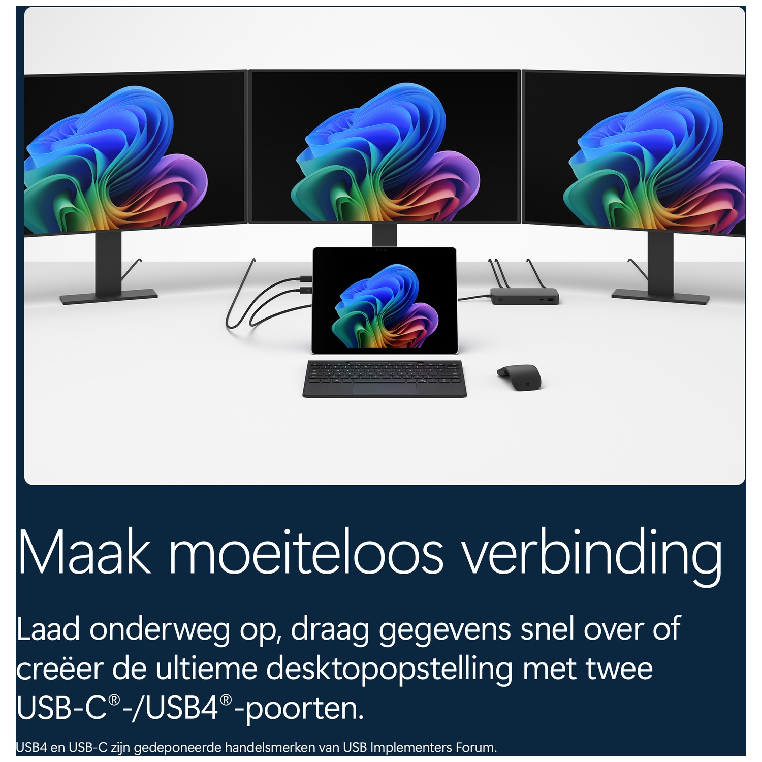 Three monitors, a tablet, keyboard, and mouse on a white desk with text below.