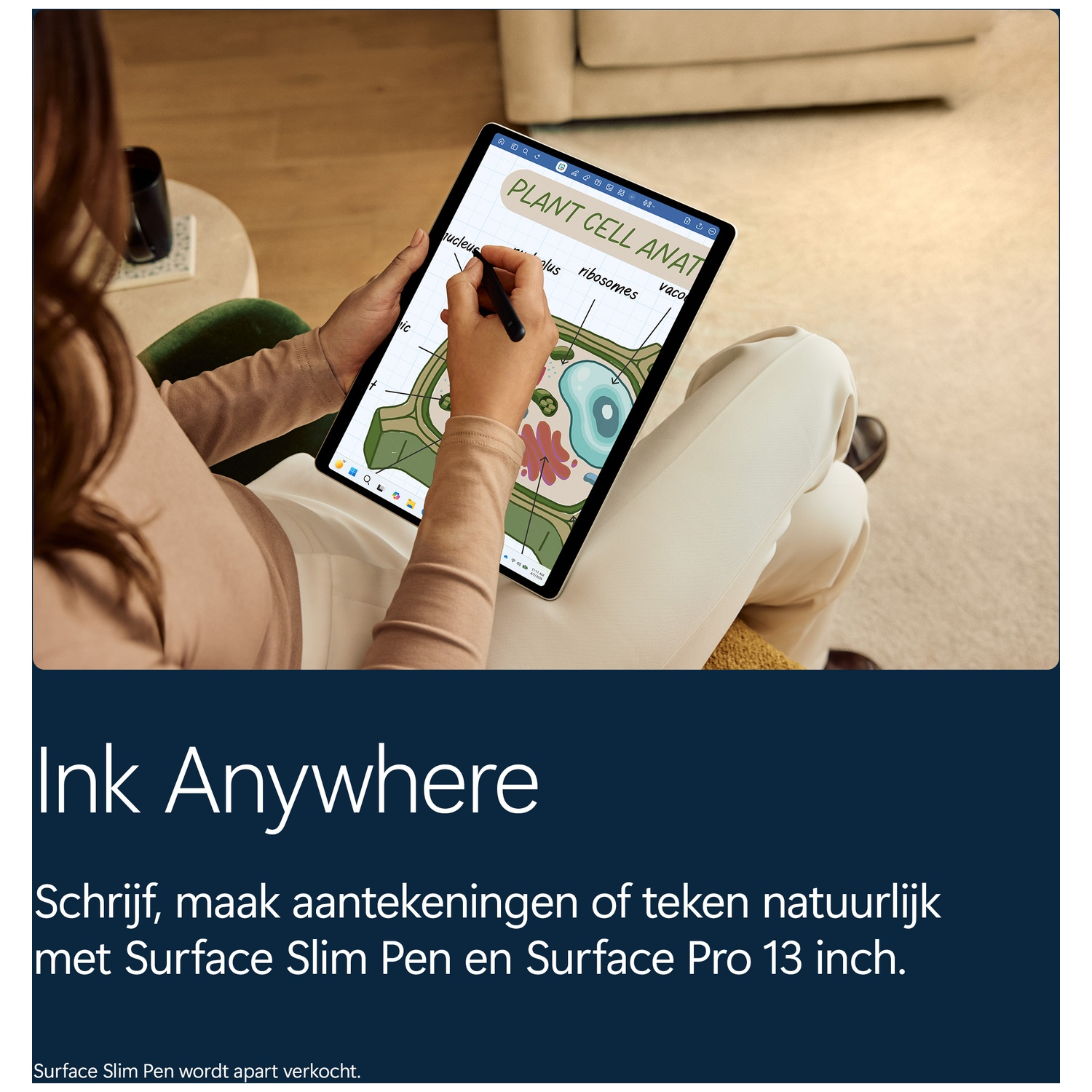 Person uses a Surface Slim Pen to draw a plant cell diagram on a Surface Pro 13-inch tablet.