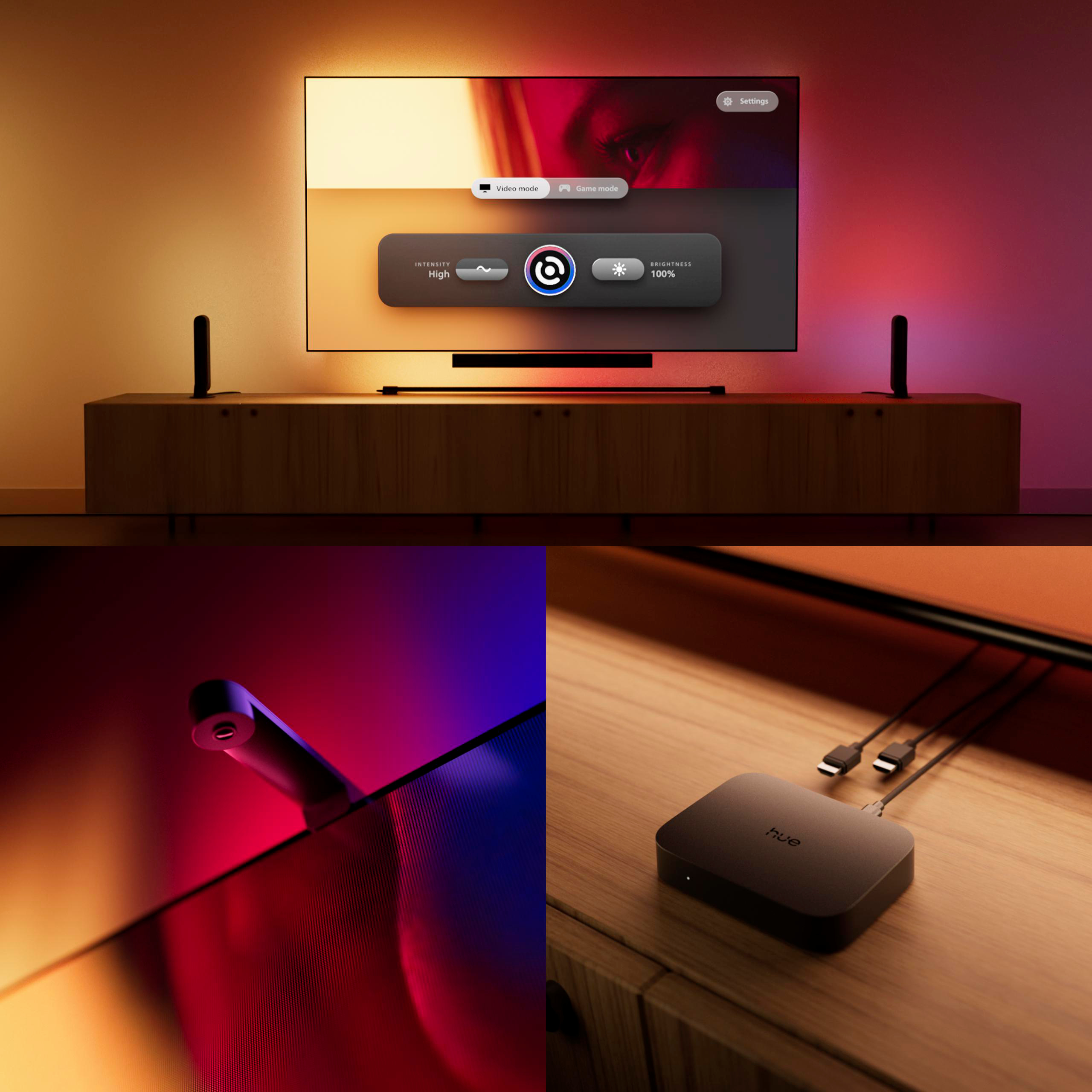 Ein TV mit Hue Sync-App und Umgebungsbeleuchtung auf einem Schrank.