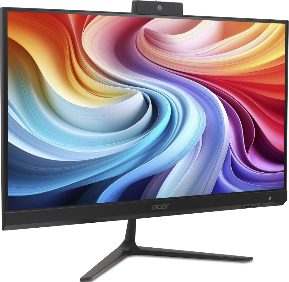 Un moniteur Acer noir affichant un motif de vagues colorées abstrait avec une webcam intégrée en haut.