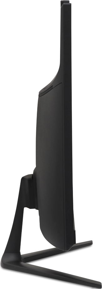 Vue latérale d'un moniteur incurvé noir avec un pied élégant sur fond blanc.