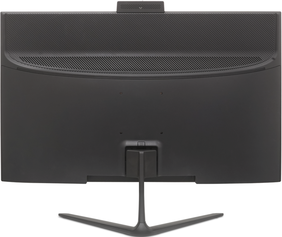Vue arrière d'un moniteur noir incurvé avec un pied et une webcam sur le dessus, sur fond blanc.