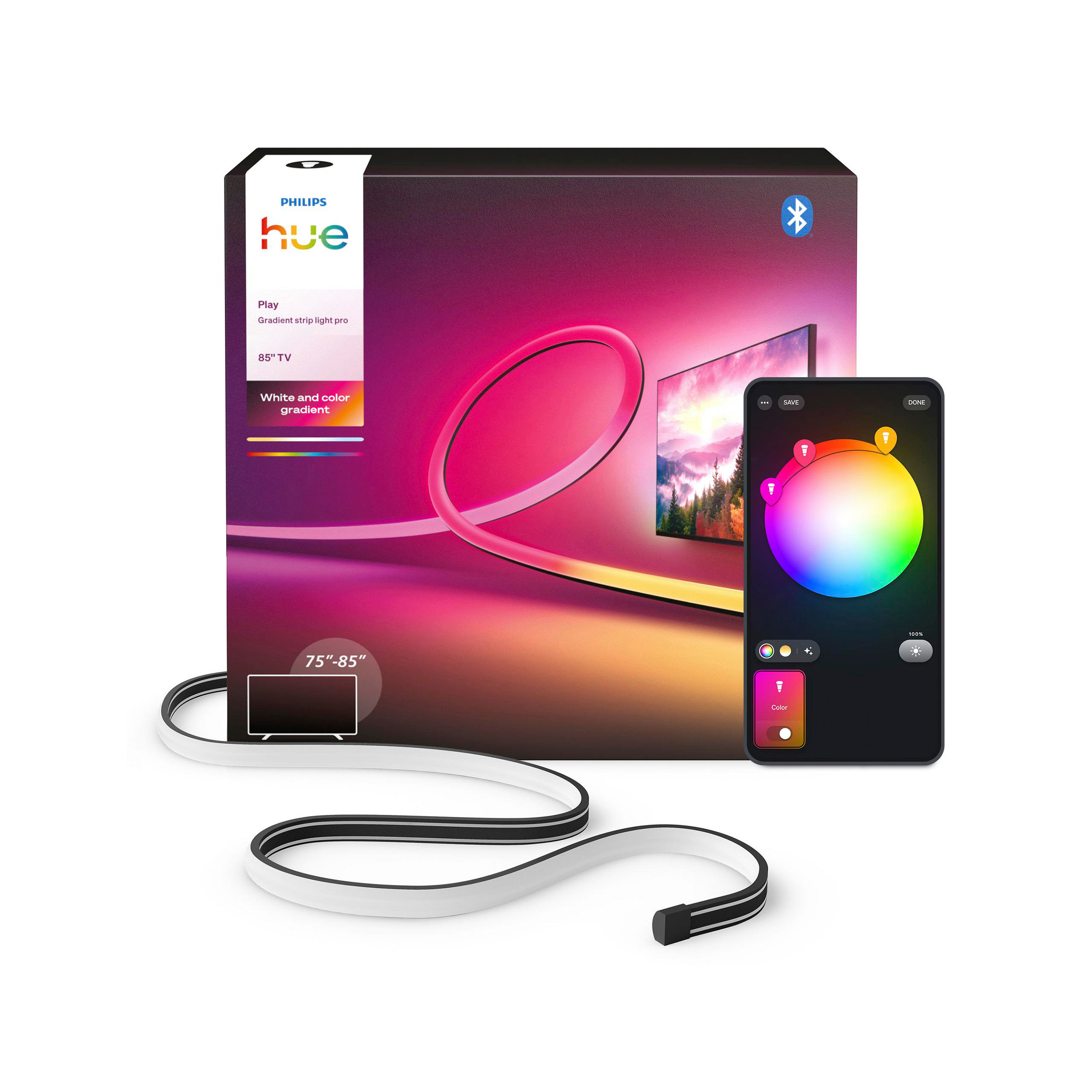 Philips Hue Play Gradient Lightstrip Box, LED-Streifen und Smartphone mit Farbsteuerungs-App auf weißem Hintergrund.