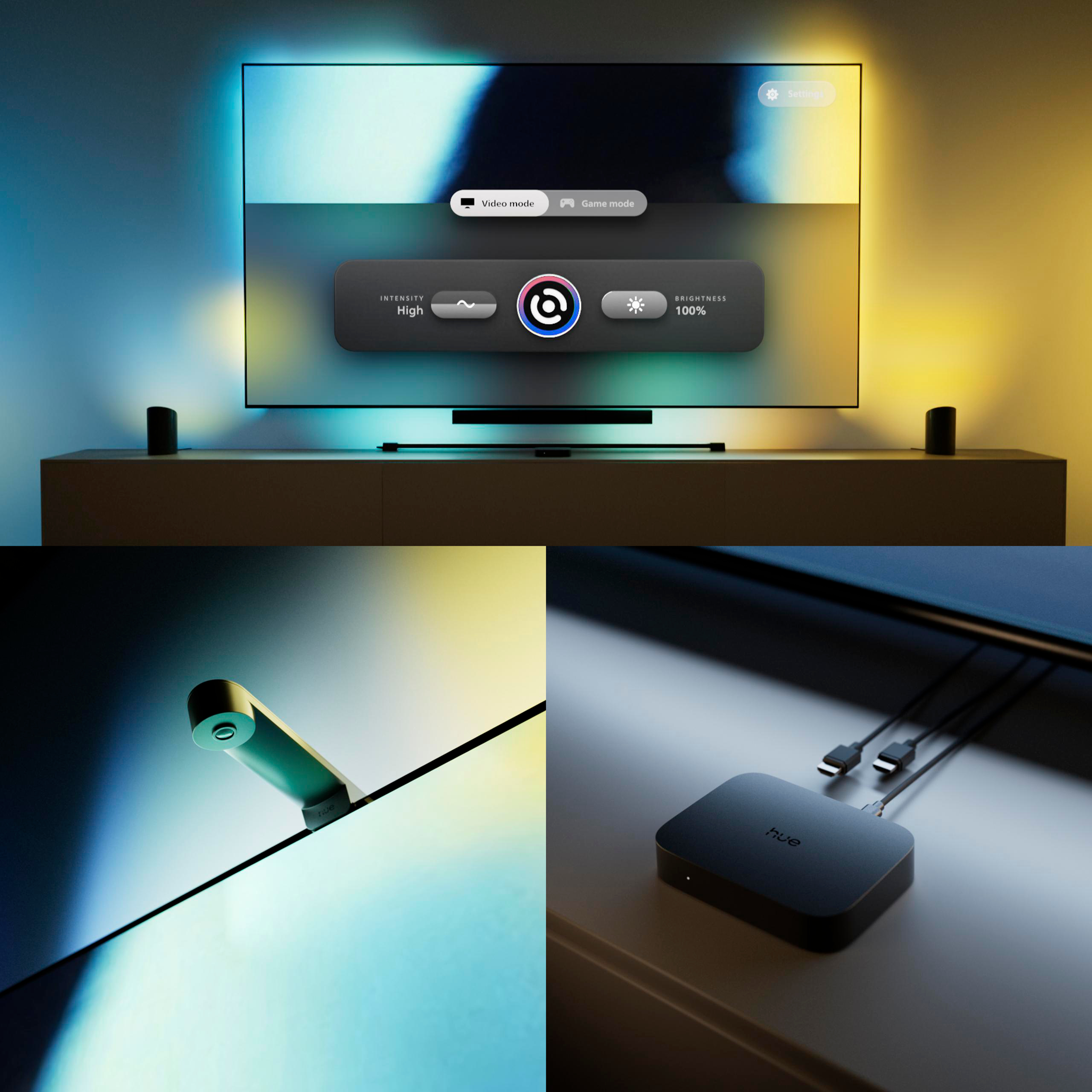 Ein TV mit Hue-Sync-Steuerung, eine Kamerahalterung und eine Sync-Box.
