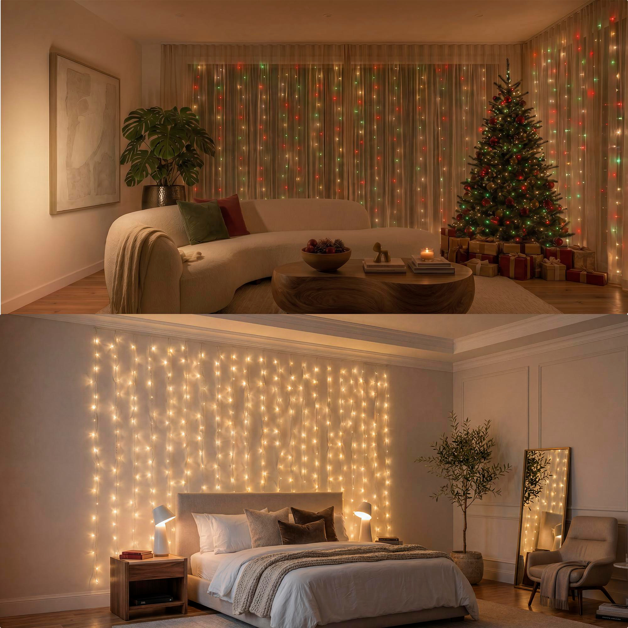 Wohnzimmer und Schlafzimmer mit Lichterketten, Sofa, Weihnachtsbaum und Bett.