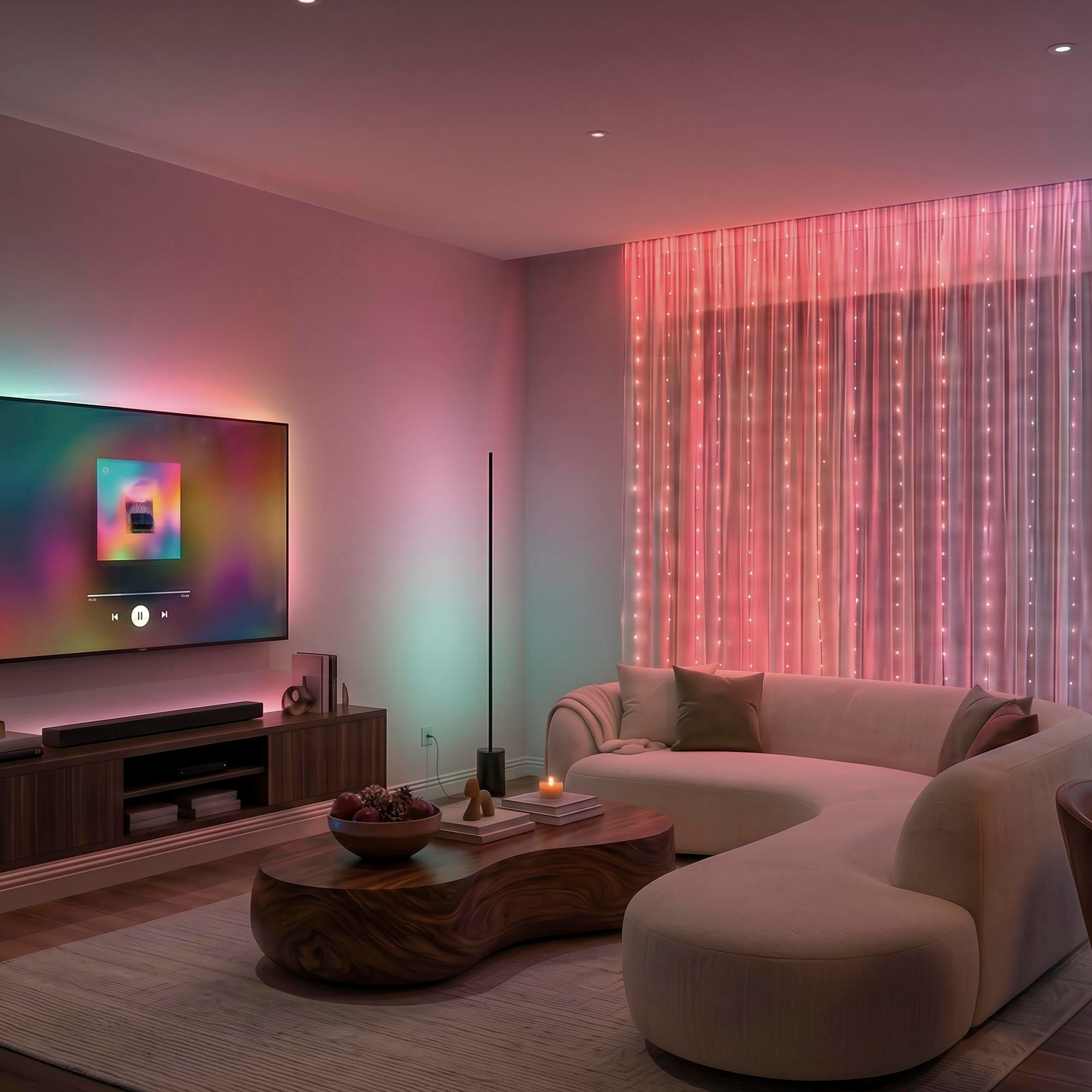 Wohnzimmer mit TV, geschwungener Couch, Holztisch, stimmungsvollem Licht und beleuchteten Vorhängen.