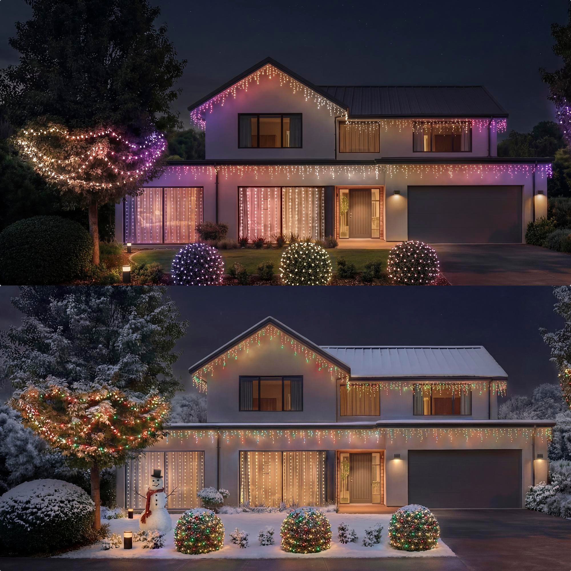 Moderne Häuser bei Nacht, prachtvoll beleuchtet mit bunten Lichterketten an Bäumen und Fassaden.