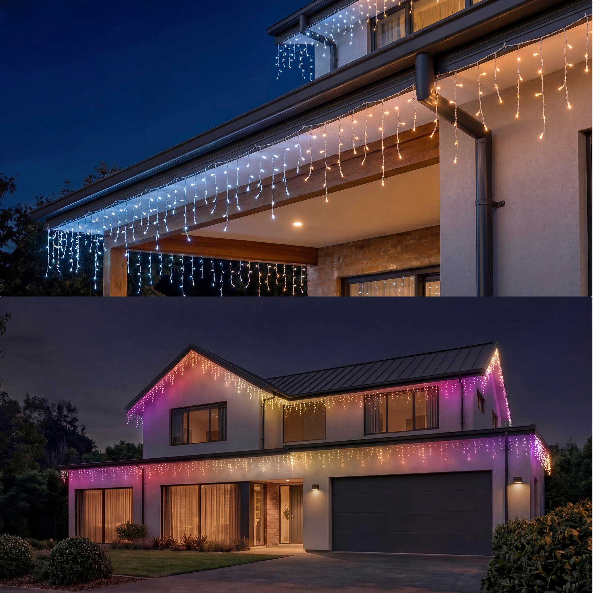 Moderne Häuser bei Nacht, beleuchtet mit bunten und weißen LED-Lichterketten an den Dachrinnen.