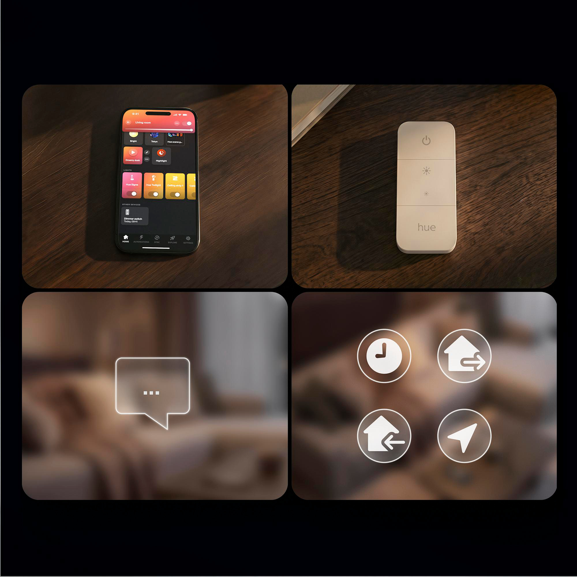 Vier geteilte Bilder zeigen eine Smartphone-App, einen Philips Hue Schalter, eine Chat-Blase und UI-Icons.