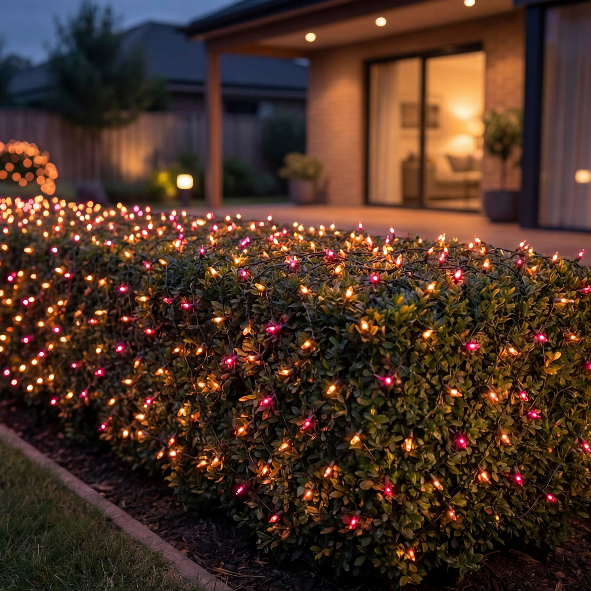 Eine gepflegte Hecke vor einem beleuchteten Haus ist in der Dämmerung mit leuchtend rosa und orangen Lichterketten geschmückt.