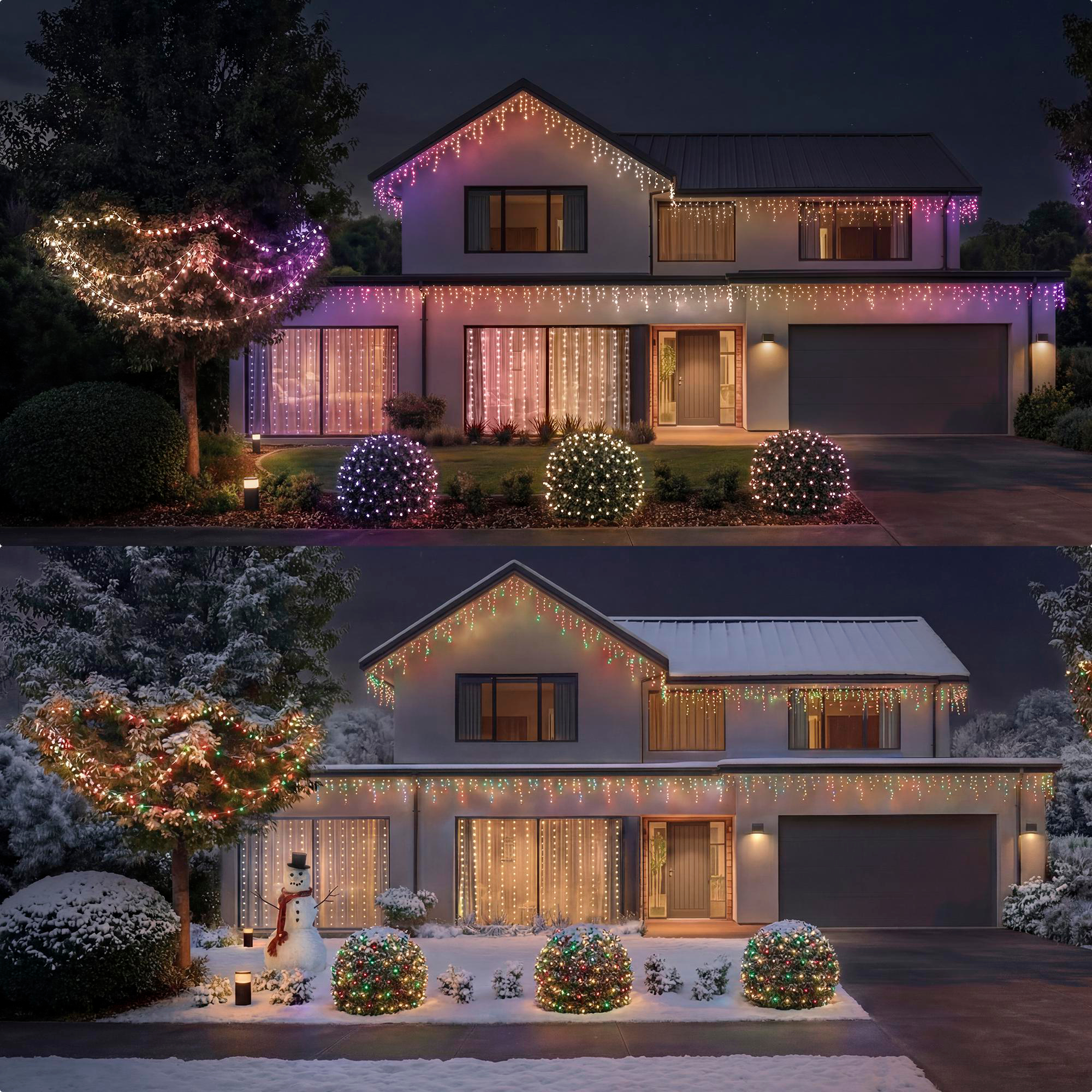 Ein zweistöckiges Haus bei Nacht mit bunter Weihnachtsbeleuchtung an Dach, Fenstern und umliegenden Büschen.