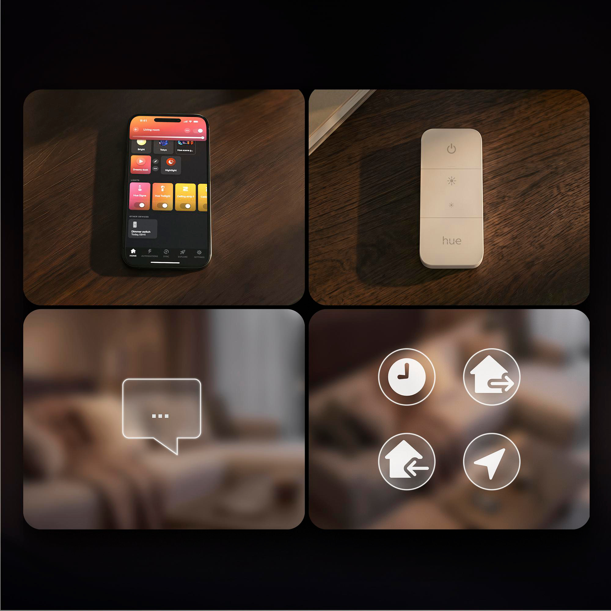 Vier Bilder von Philips Hue: Smartphone-App, Dimmschalter, Chat-Symbol und Steuerungs-Icons auf hölzernem Tisch.