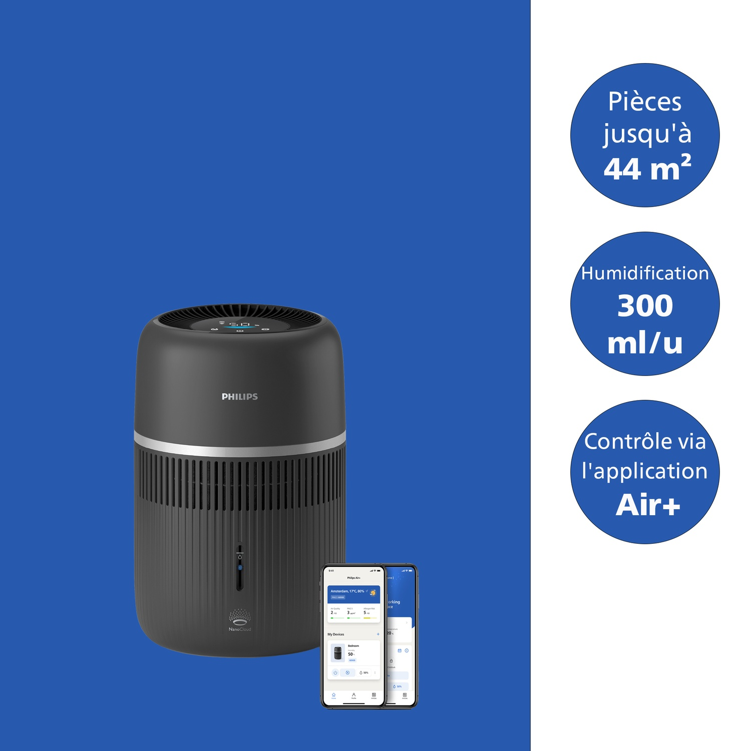 Humidificateur Philips noir sur fond bleu avec deux smartphones et trois cercles d'information.