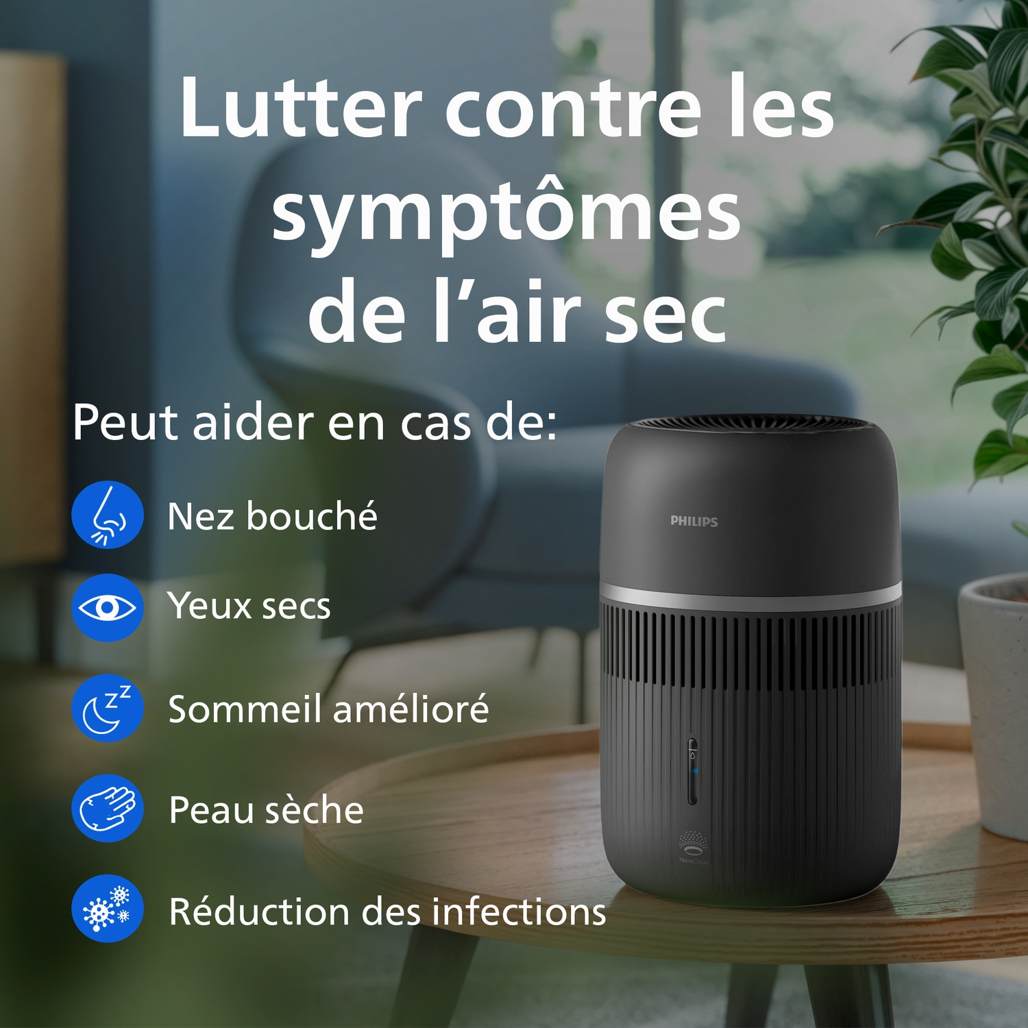 Un humidificateur Philips noir sur une table en bois dans un salon, avec du texte.