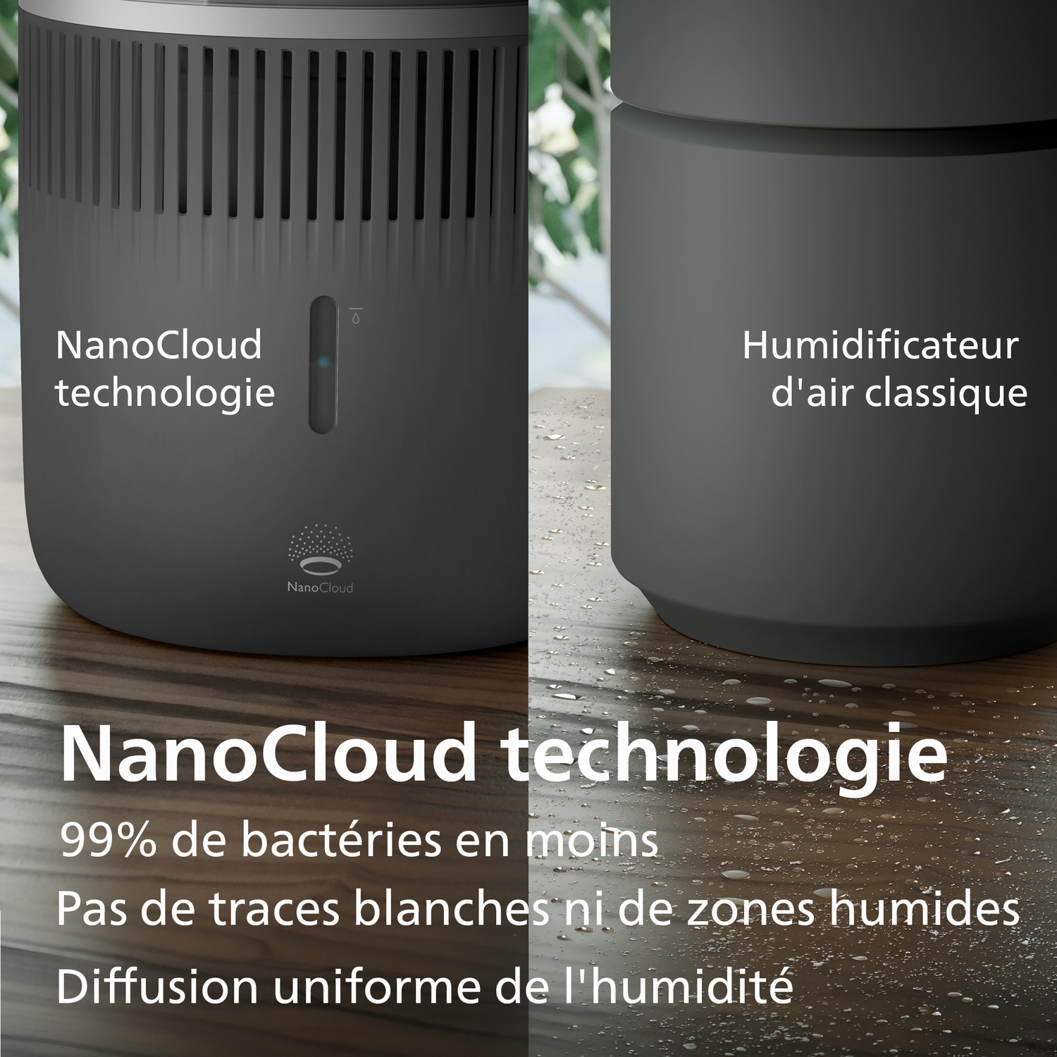 Comparaison de deux humidificateurs sur une surface en bois humide avec du texte en français.