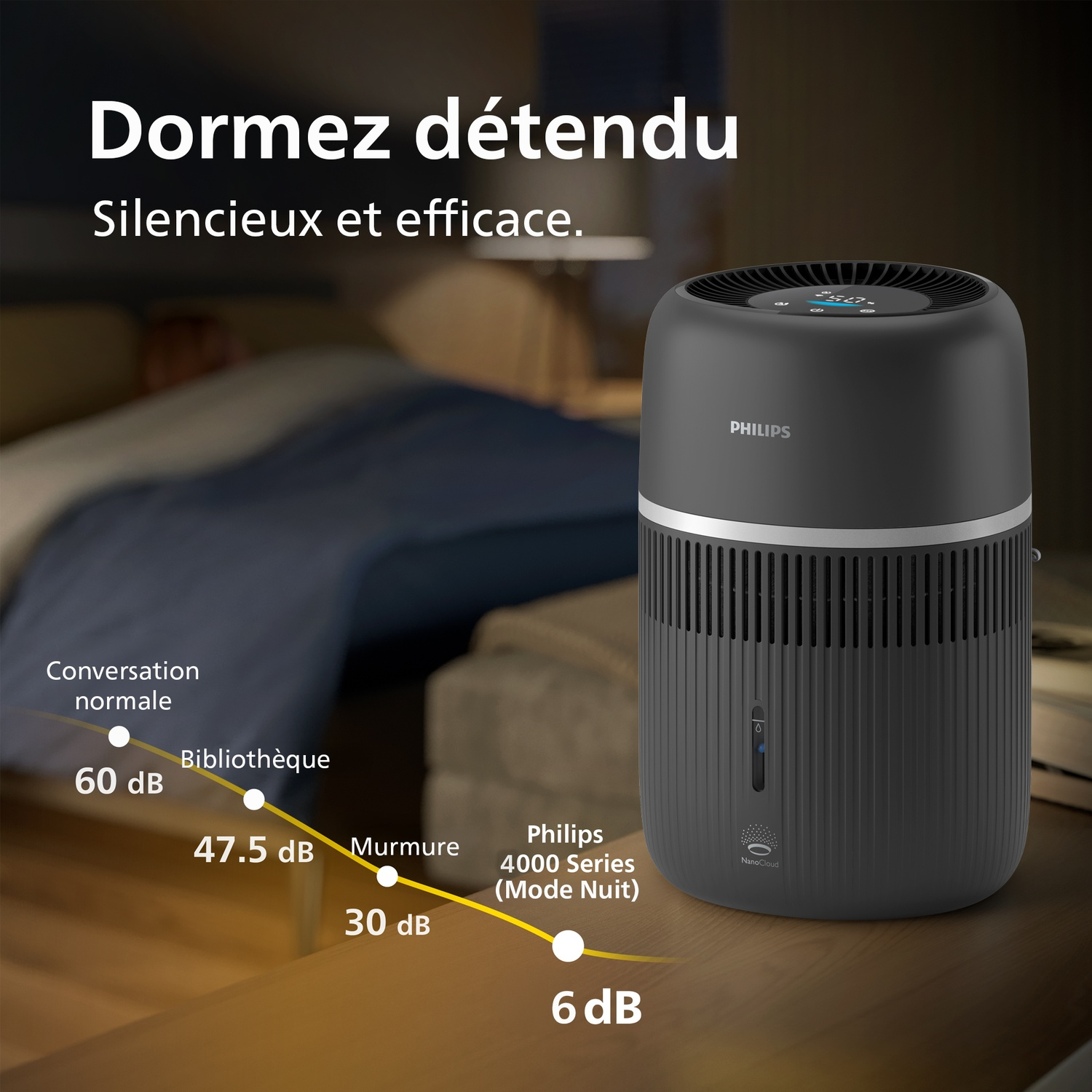 Un humidificateur Philips gris foncé est sur une table de chevet dans une chambre sombre.