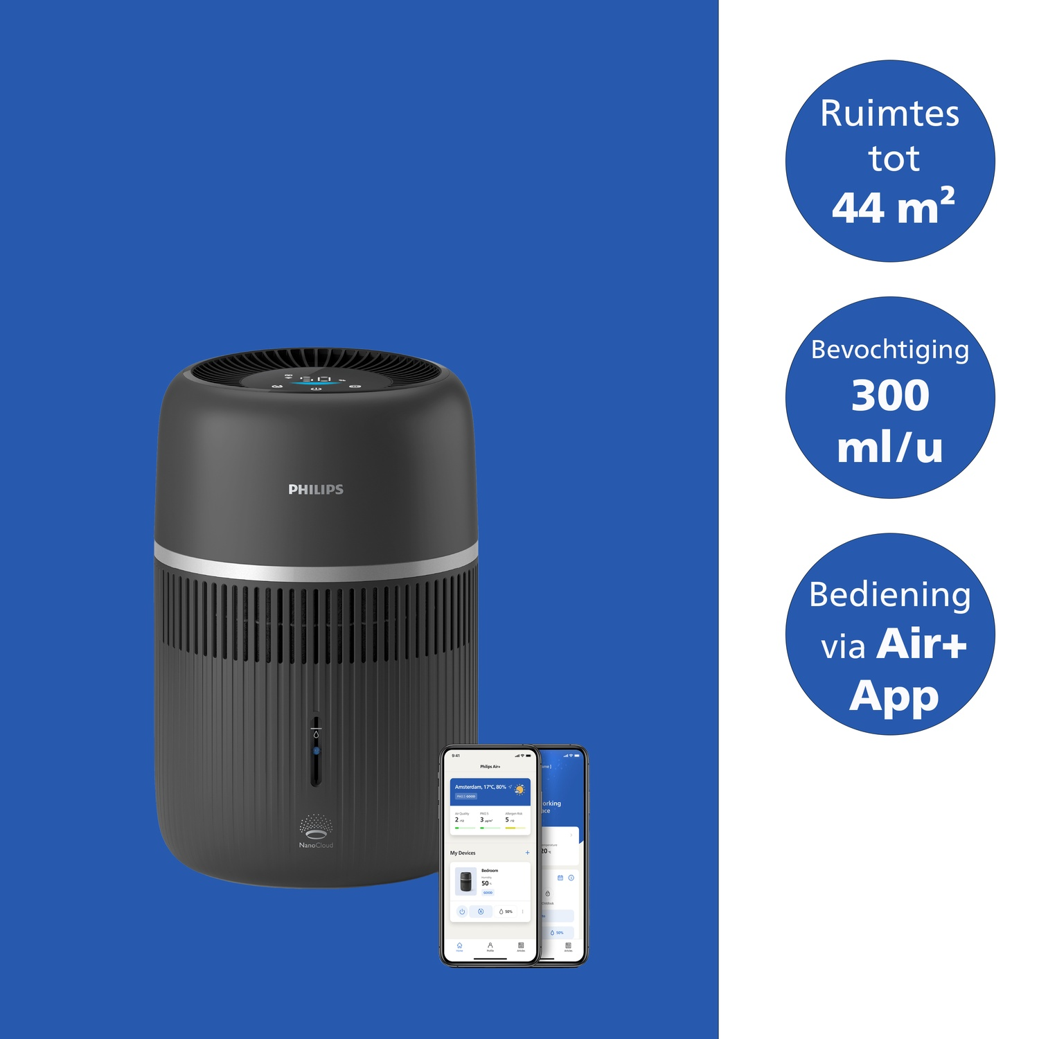 Zwarte Philips luchtbevochtiger met app, iconen voor 44m² bereik en 300 ml/u capaciteit.